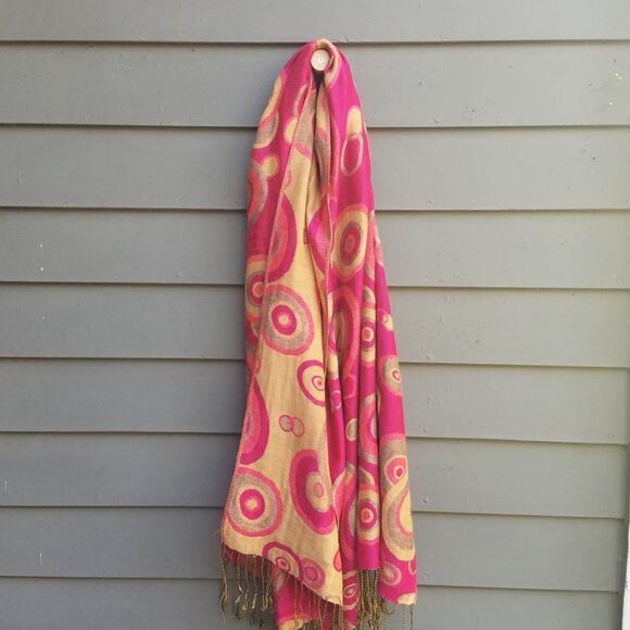 100% Pashmina Pinkish Red Gold Circles Print Reversible  26"x 72" - Picture 8 of 9